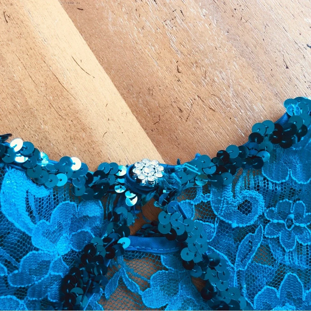 Vintage Blue Green Lace Gown Sequin Details Open Back Sweetheart Big Bow Teal - Picture 9 of 16